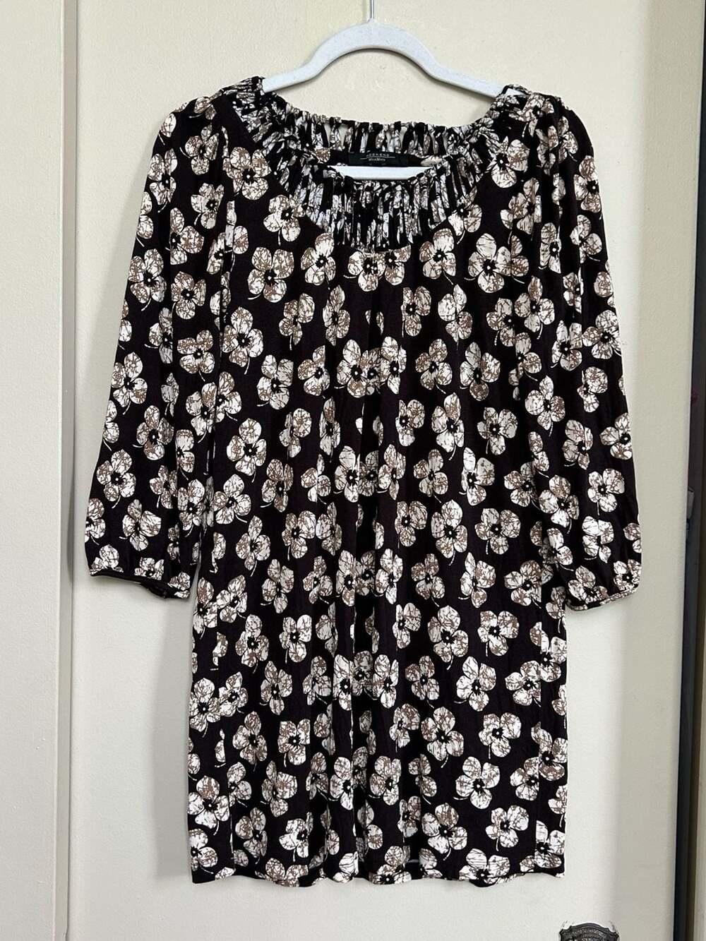 Weekend Max Mara Black Floral Print Ruched Neck 3/4 Sleeve Cotton Dress Size M